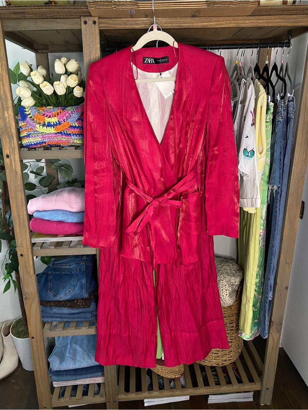 ZARA Hot Pink Red Crinkle Effect Shimmering Belted Blazer! 💖 - Picture 16 of 16